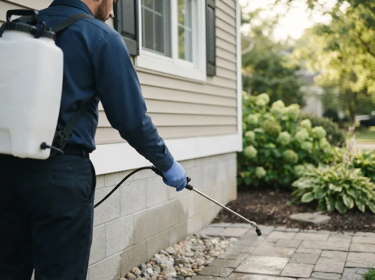 Pest control technician inspecting a home in Algonac, MI